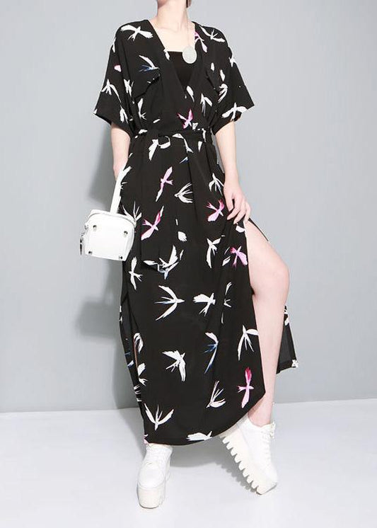 Vivid black prints chiffon clothes side open Traveling summer Dresses - SooLinen