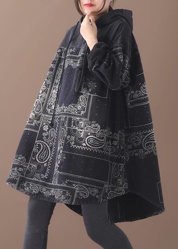 Vivid black thick Cotton quilting clothes hooded short patchwork Dresses - SooLinen
