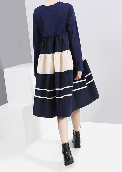 Vivid blue cotton outfit long sleeve A Line patchwork Dress - SooLinen