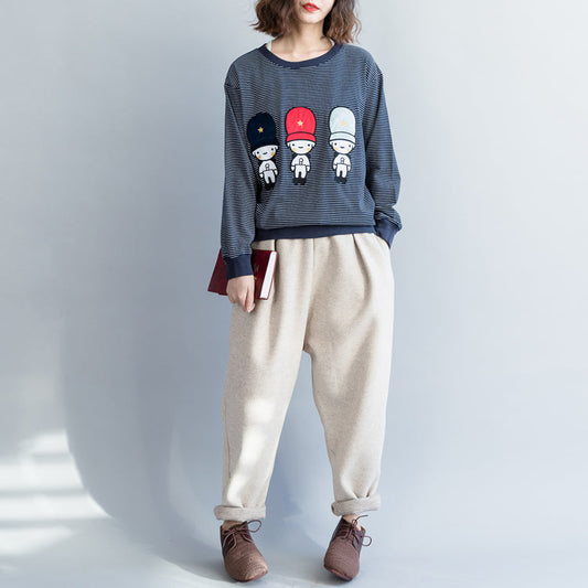 Leuchtend blau-weiß gestreifte Baumwollkleidung, indische Outfits, Art O-Ausschnitt-Tops