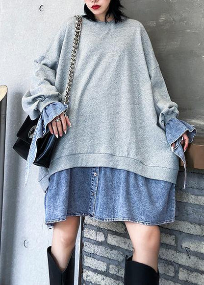 Vivid gray Cotton dress patchwork false two pieces Art Dress - SooLinen