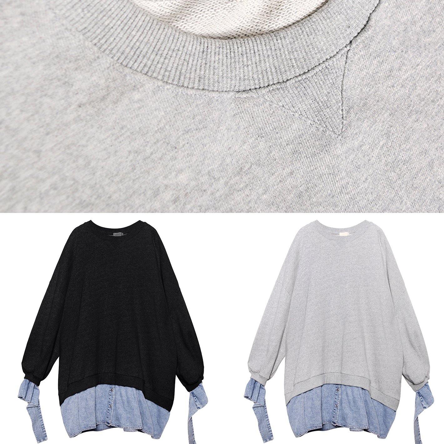 Vivid gray Cotton dress patchwork false two pieces Art Dress - SooLinen