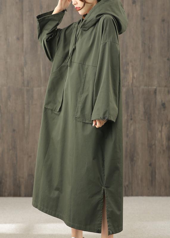 Vivid hooded side open clothes pattern blackish green Art Dress - SooLinen