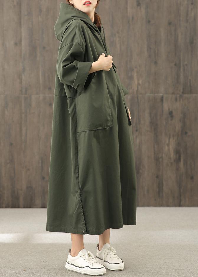 Vivid hooded side open clothes pattern blackish green Art Dress - SooLinen