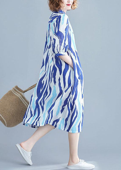 Vivid lapel half sleeve Cotton dresses Runway blue striped Dress - SooLinen