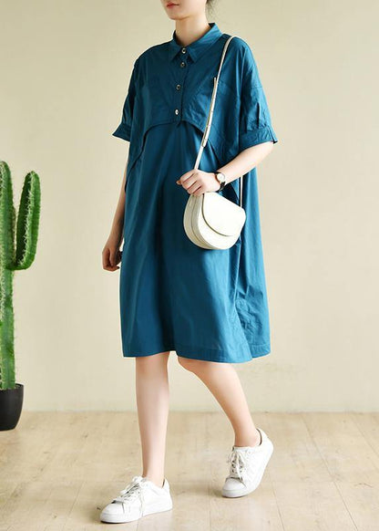 Vivid lapel patchwork summer Wardrobes Runway blue Dresses - SooLinen