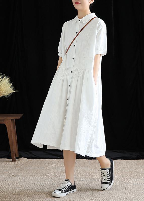 Vivid lapel Cinched cotton linen Wardrobes Sleeve white Dresses - SooLinen