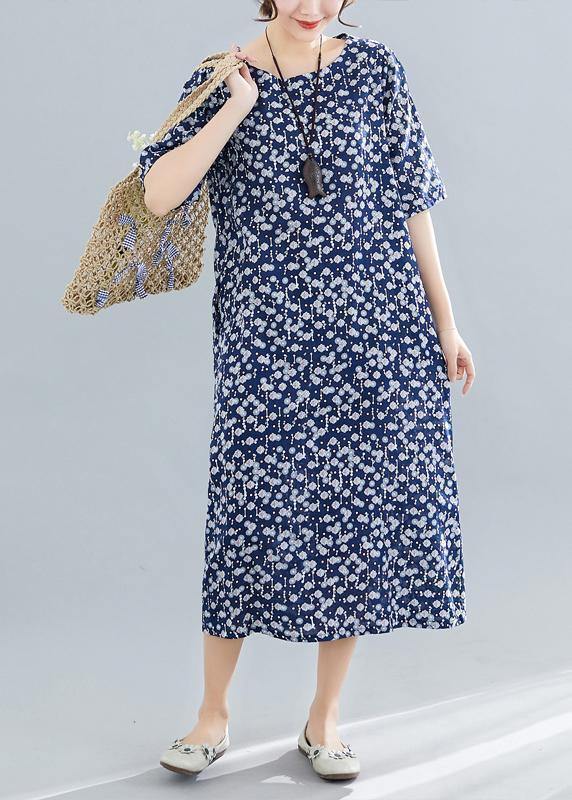 Vivid navy print cotton linen clothes For Women o neck pockets Maxi summer Dress - SooLinen