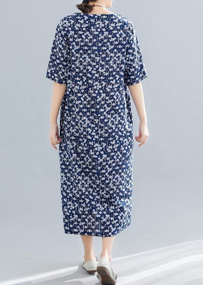 Vivid navy print cotton linen clothes For Women o neck pockets Maxi summer Dress - SooLinen