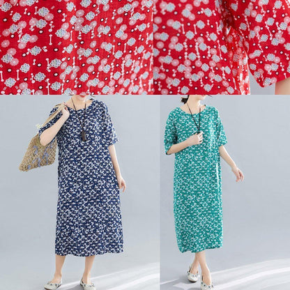 Vivid navy print cotton linen clothes For Women o neck pockets Maxi summer Dress - SooLinen