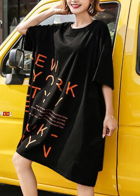 Vivid o neck Cotton quilting dresses Inspiration short sleeve Dresses black - SooLinen