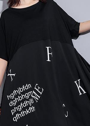 Vivid o neck asymmetric cotton tunics for women Inspiration black Maxi Dress summer - SooLinen