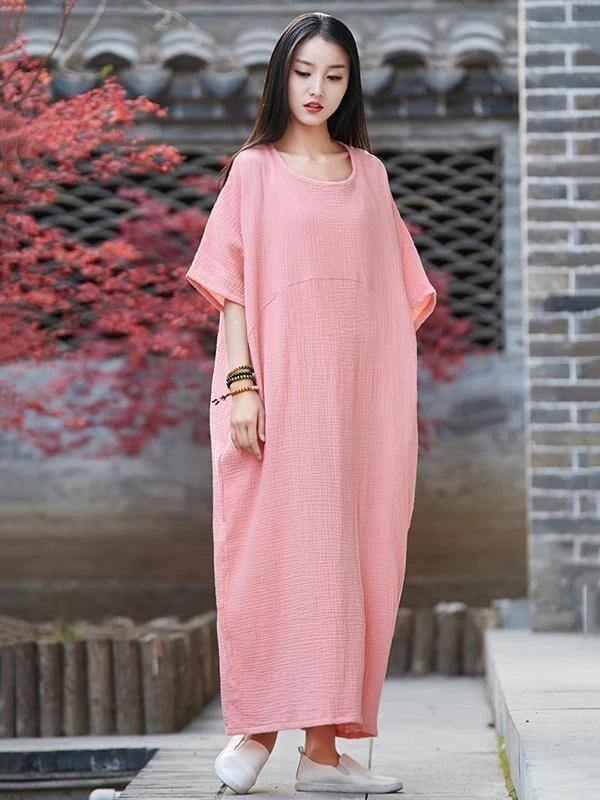 Vivid o neck half sleeve cotton linen quilting clothes Neckline pink Dress - SooLinen
