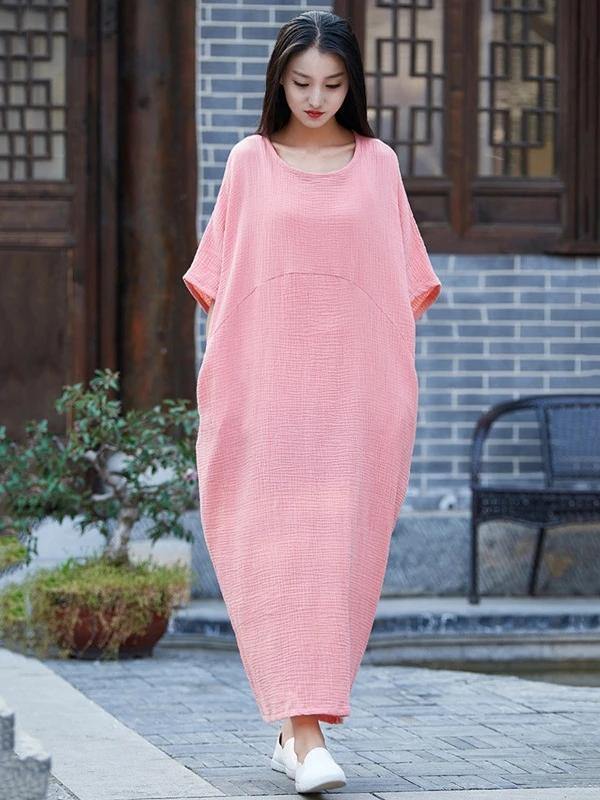 Vivid o neck half sleeve cotton linen quilting clothes Neckline pink Dress - SooLinen