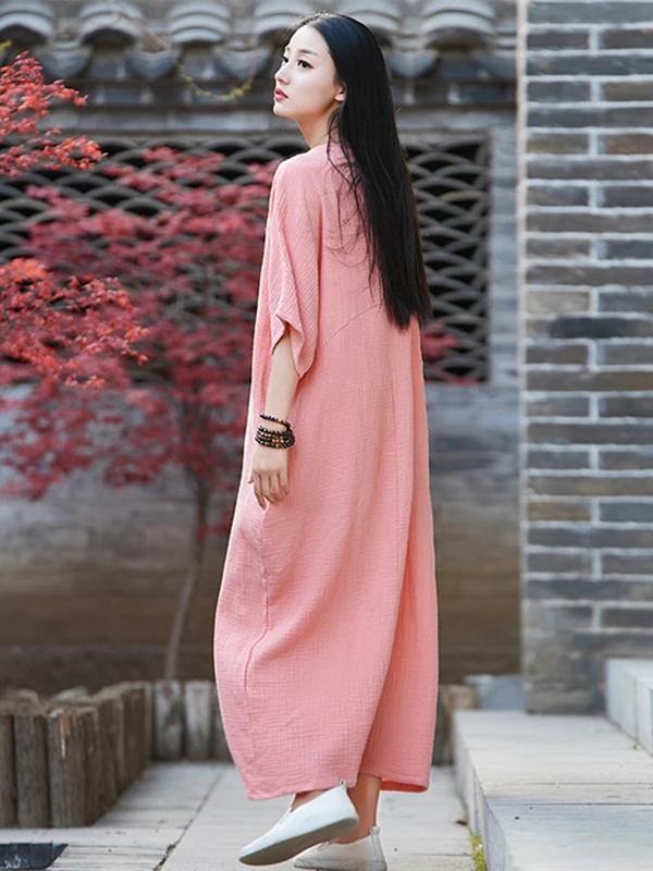 Vivid o neck half sleeve cotton linen quilting clothes Neckline pink Dress - SooLinen