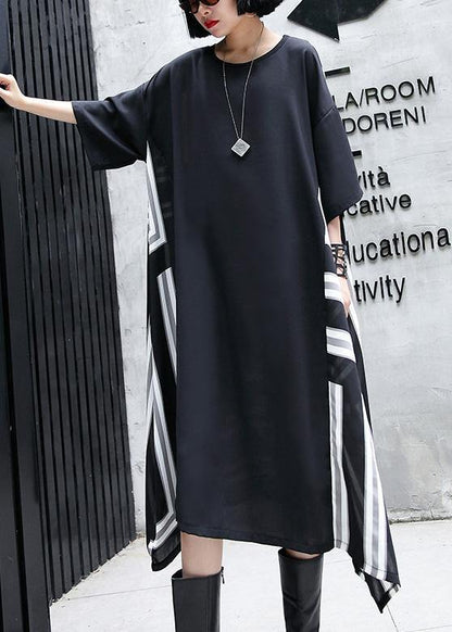 Vivid o neck patchwork cotton dresses Work Outfits black Maxi Dresses summer - SooLinen