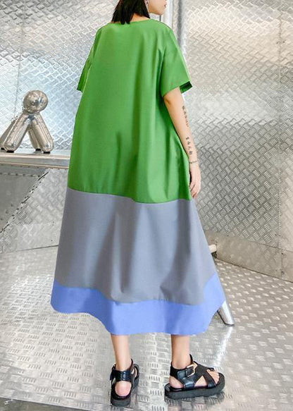 Vivid o neck patchwork summer tunic pattern linen green Plus Size  Dress - SooLinen