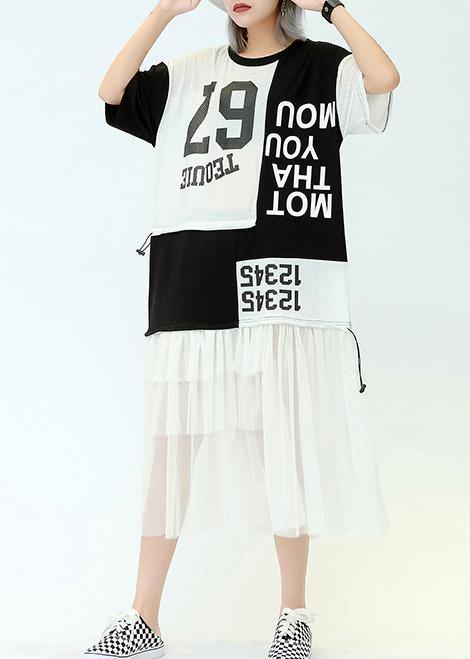 Vivid o neck patchwork tulle cotton quilting dresses black print Traveling Dresses summer - SooLinen