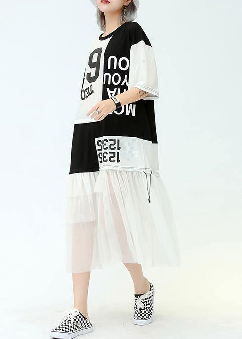 Vivid o neck patchwork tulle cotton quilting dresses black print Traveling Dresses summer - SooLinen