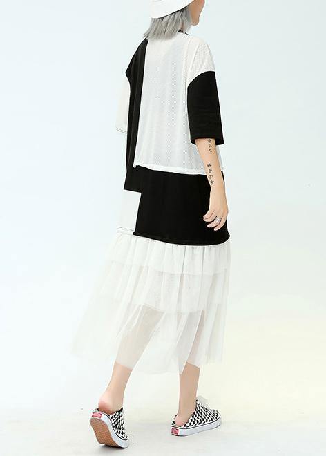 Vivid o neck patchwork tulle cotton quilting dresses black print Traveling Dresses summer - SooLinen