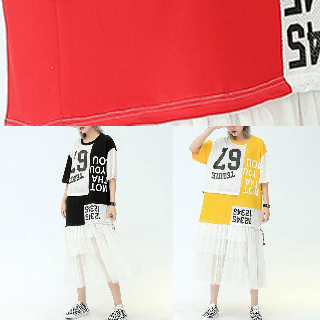 Vivid o neck patchwork tulle cotton quilting dresses black print Traveling Dresses summer - SooLinen