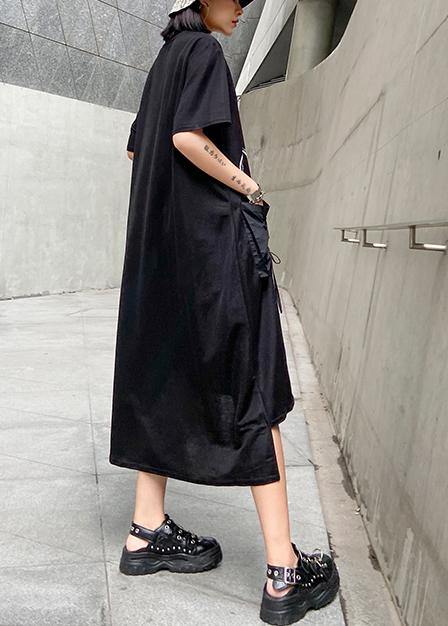 Vivid o neck pockets cotton summer quilting clothes Work Outfits black print Maxi Dress - SooLinen