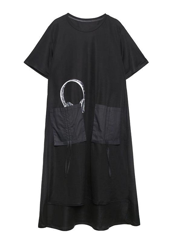 Vivid o neck pockets cotton summer quilting clothes Work Outfits black print Maxi Dress - SooLinen