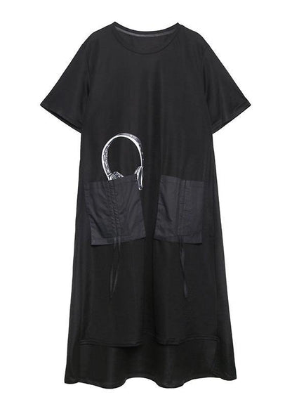 Vivid o neck pockets cotton summer quilting clothes Work Outfits black print Maxi Dress - SooLinen