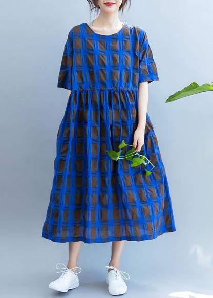 Vivid o neck summer quilting clothes Wardrobes blue plaid loose Dresses - SooLinen