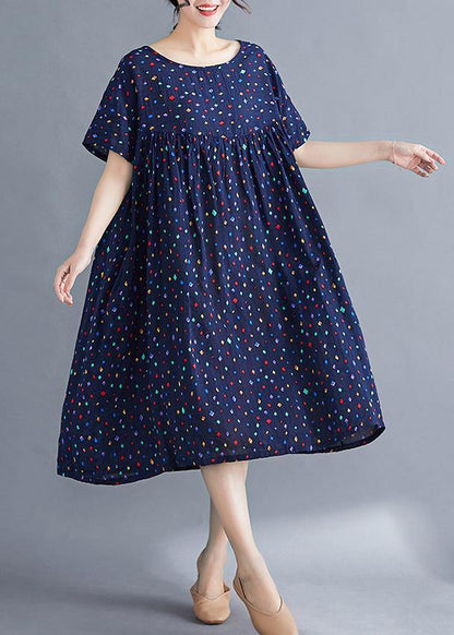 Vivid o neck Cinched cotton dresses Sewing blue print long Dresses summer - SooLinen