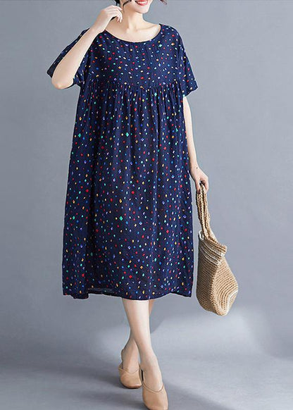 Vivid o neck Cinched cotton dresses Sewing blue print long Dresses summer - SooLinen