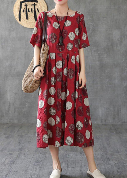 Vivid o neck Cinched linen dress Robes Tunic Tops red dotted Dresses - SooLinen