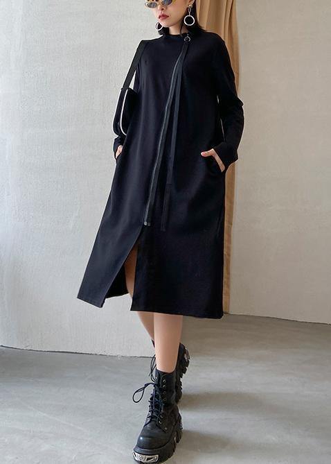 Vivid o neck zippered fall Tunics Runway black Dress - SooLinen