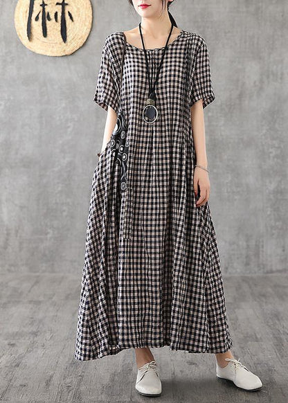 Blue Plaid Linen Dresses Summer Cotton Dress - SooLinen