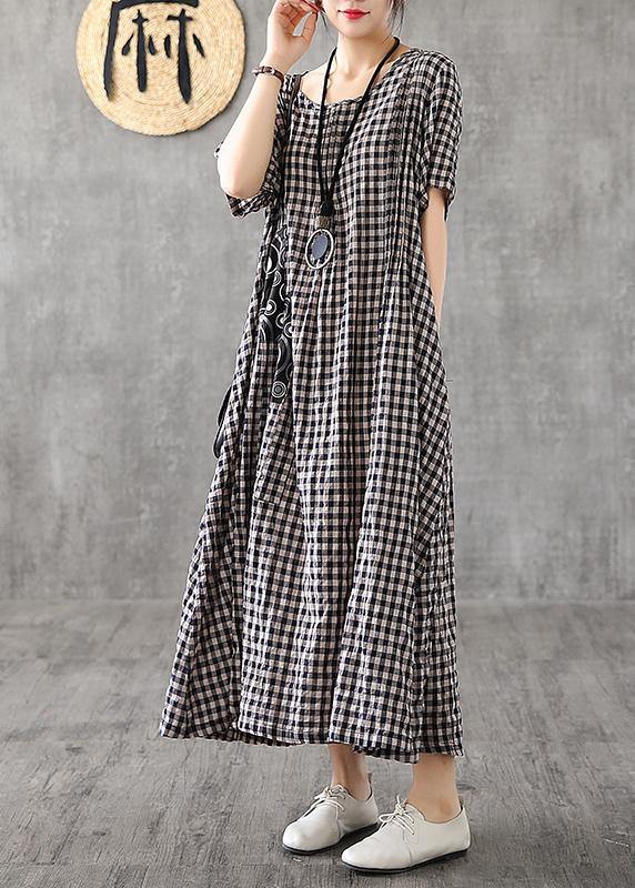 Blue Plaid Linen Dresses Summer Cotton Dress - SooLinen