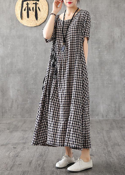 Blue Plaid Linen Dresses Summer Cotton Dress - SooLinen