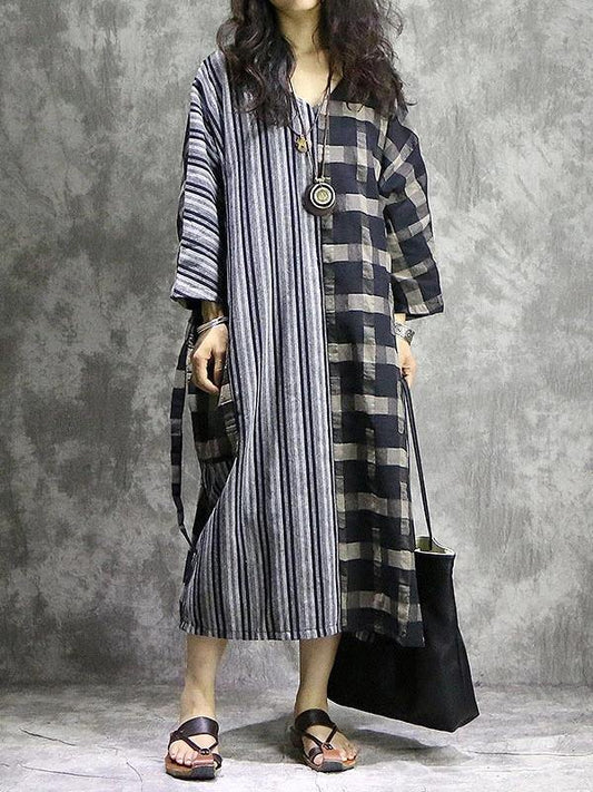 Vivid plaid linen quilting dresses v neck patchwork Dress - SooLinen