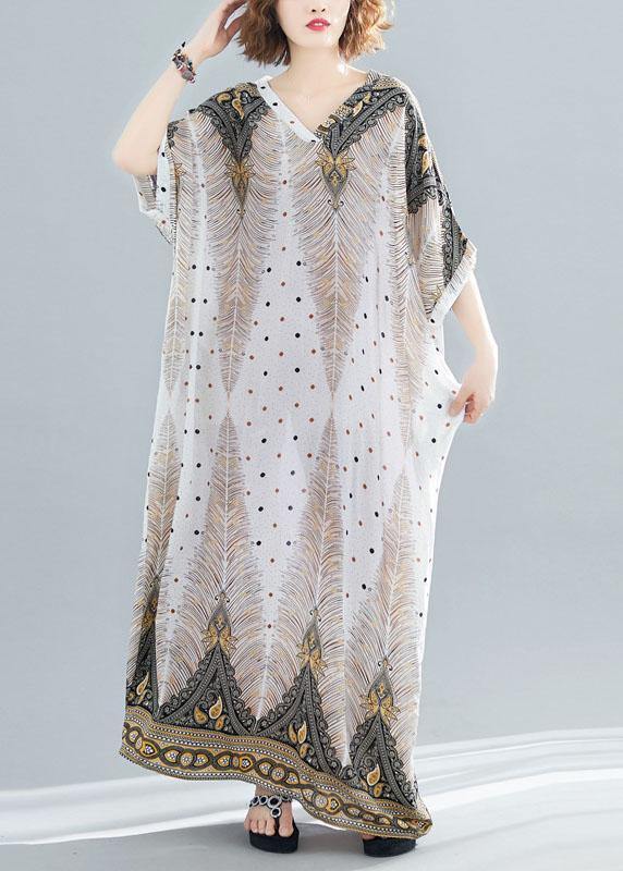 Vivid prints v neck cotton Long Shirts Batwing Sleeve Maxi summer Dress - SooLinen