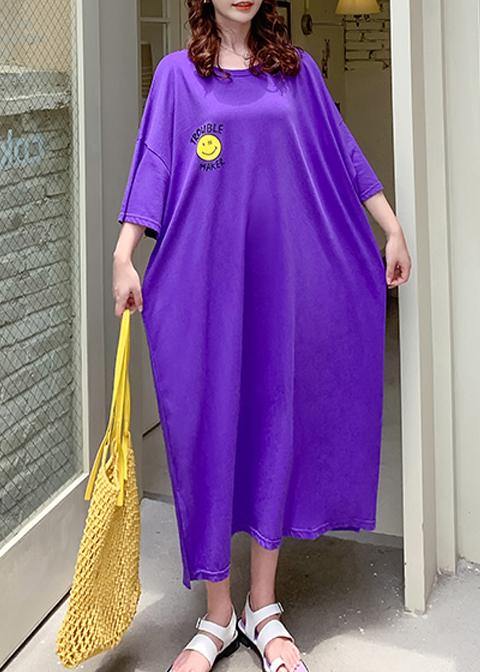 Vivid purple Cartoon print clothes For Women o neck side open Robe summer Dresses - SooLinen