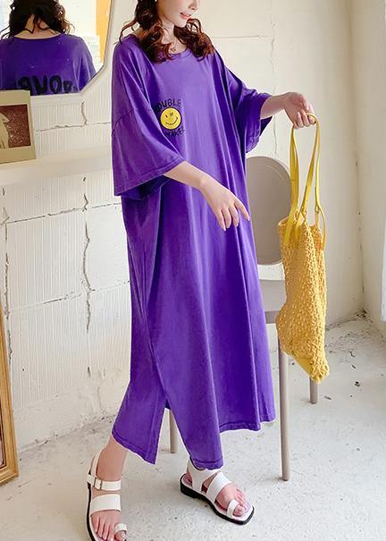 Vivid purple Cartoon print clothes For Women o neck side open Robe summer Dresses - SooLinen