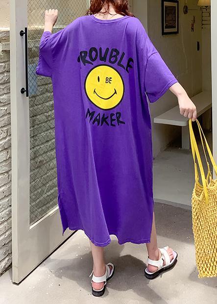 Vivid purple Cartoon print clothes For Women o neck side open Robe summer Dresses - SooLinen