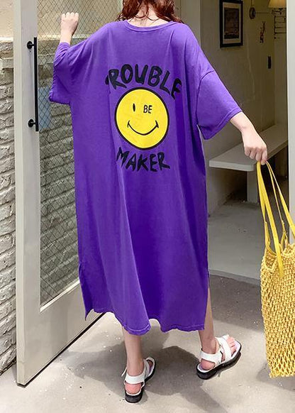 Vivid purple Cartoon print clothes For Women o neck side open Robe summer Dresses - SooLinen