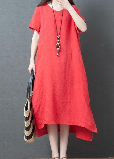 Vivid red cotton tunic dress o neck side open Maxi summer Dress - SooLinen