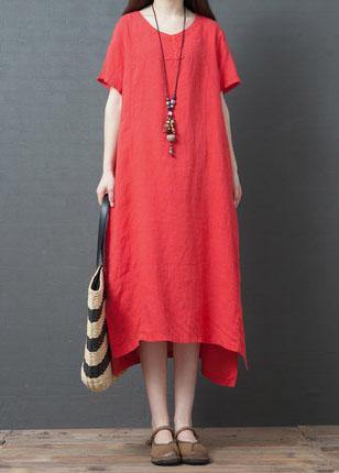 Vivid red cotton tunic dress o neck side open Maxi summer Dress - SooLinen