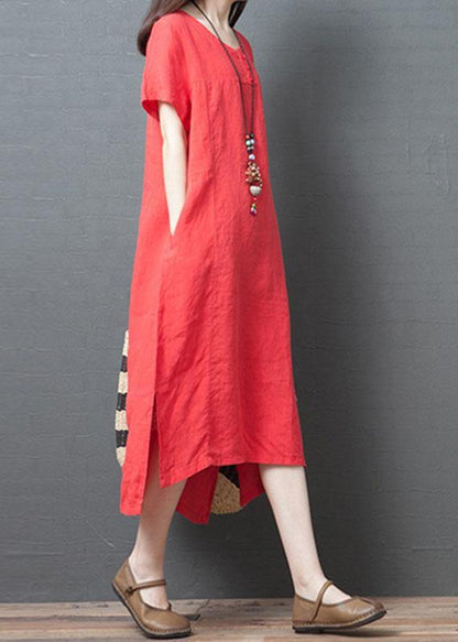Vivid red cotton tunic dress o neck side open Maxi summer Dress - SooLinen