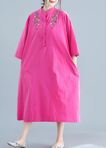 Vivid rose embroidery cotton clothes For Women stand collar pockets Maxi summer Dresses - SooLinen