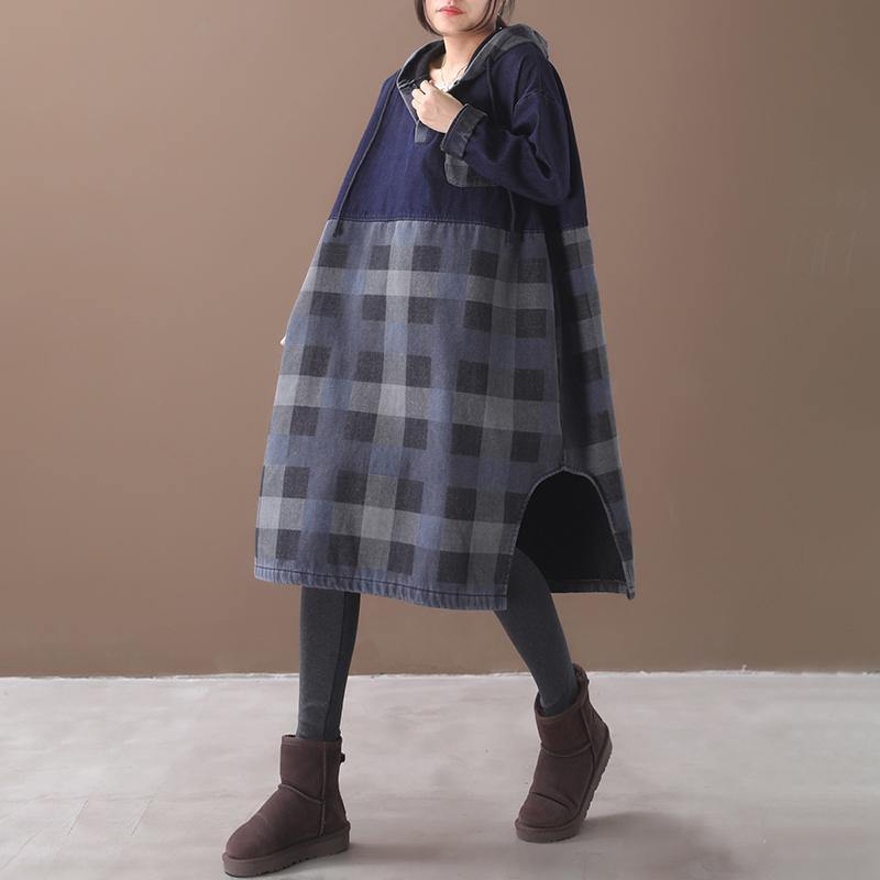 Vivid side open cotton patchwork Tunic Work Outfits blue hooded Maxi Dress - SooLinen