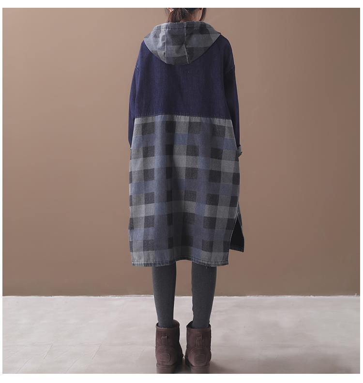 Vivid side open cotton patchwork Tunic Work Outfits blue hooded Maxi Dress - SooLinen