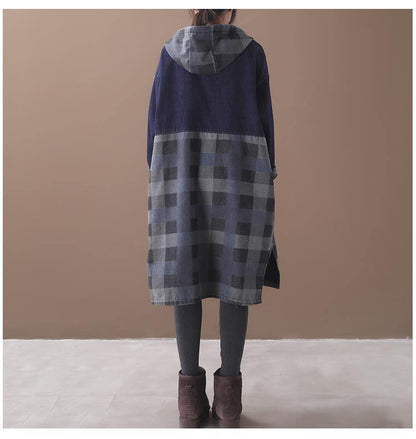 Vivid side open cotton patchwork Tunic Work Outfits blue hooded Maxi Dress - SooLinen