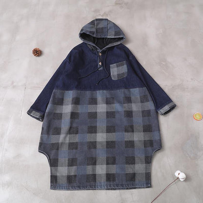 Vivid side open cotton patchwork Tunic Work Outfits blue hooded Maxi Dress - SooLinen